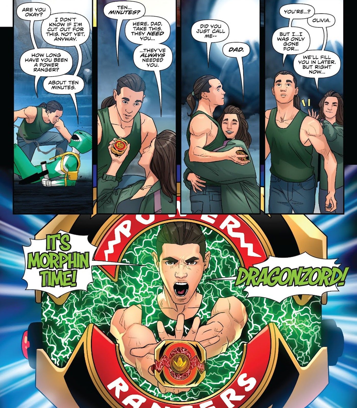 Olivia Hart passes the Green Ranger morpher to her father Tommy Oliver in Mighty Morphin Power Rangers The Return #4