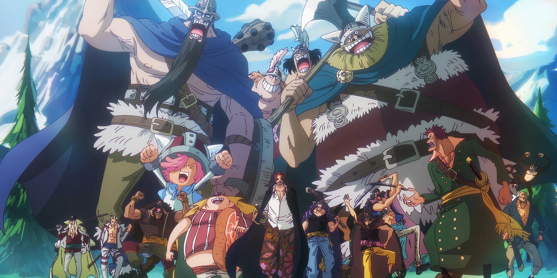 O episódio 1109 do anime One Piece mostra Elbaf junto com os gigantes Brogy e Dorry enquanto eles seguem Shanks e sua equipe para a batalha.