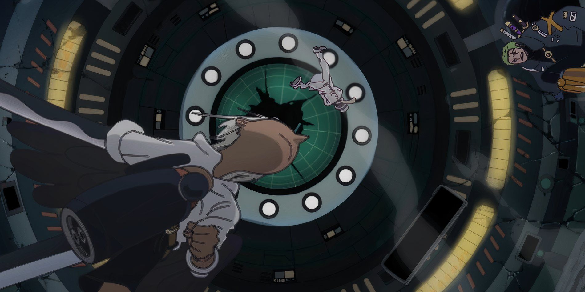 One Piece Anime Episode 1109 Seraphim S-Hawk lunging towards Zoro while a restrained Kaku is thrown into the air.