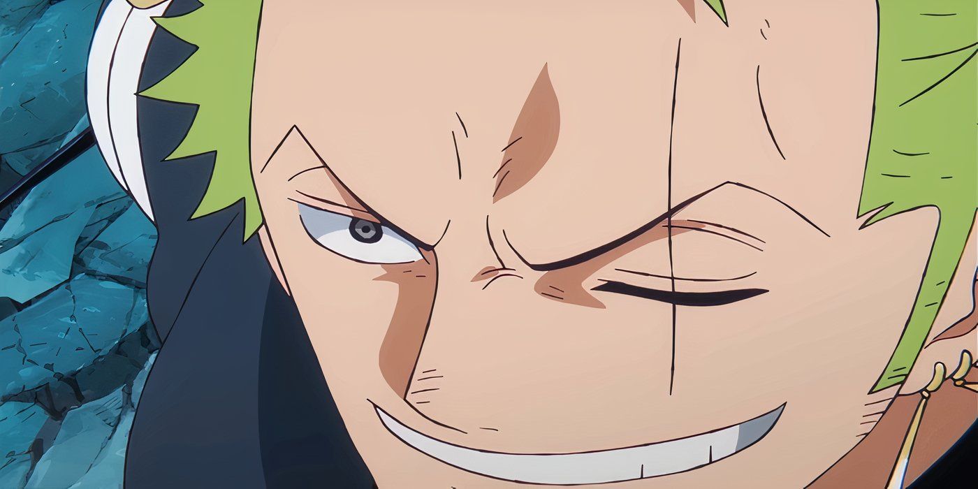 A close up on Zoro grinning