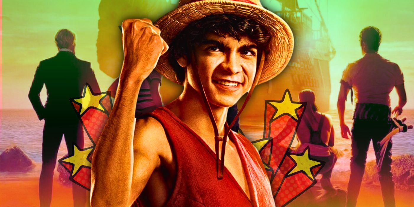 Custom image of live-action Luffy in front of the Straw Hat pirates