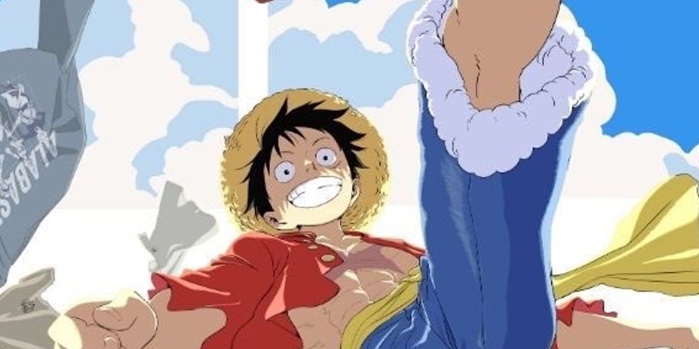 One Piece's Luffy floating in the air with a bunch of shirt from UNIQLO floating around him.