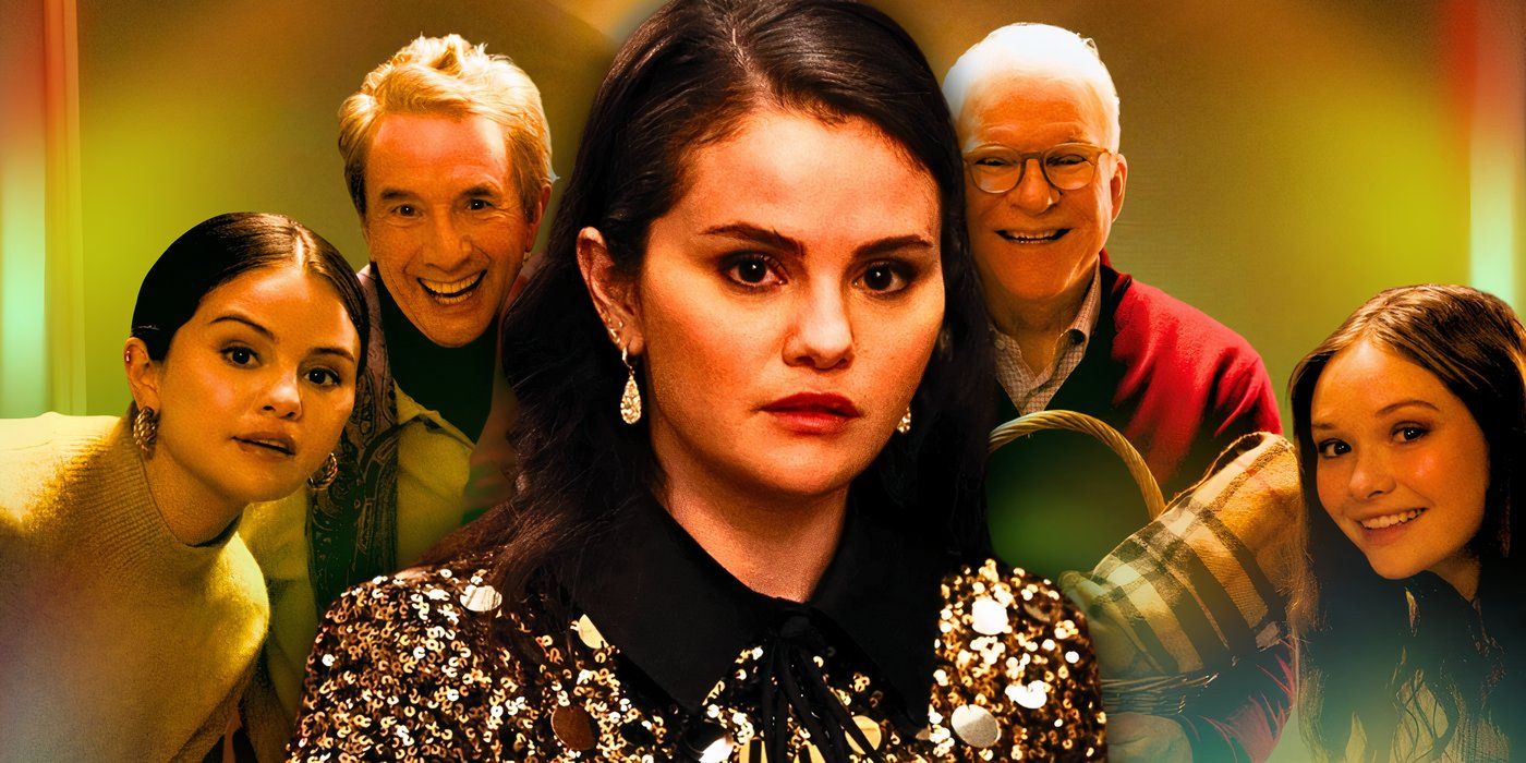 Selena Gomez as Mabel in front of Only Murders in the Building cast