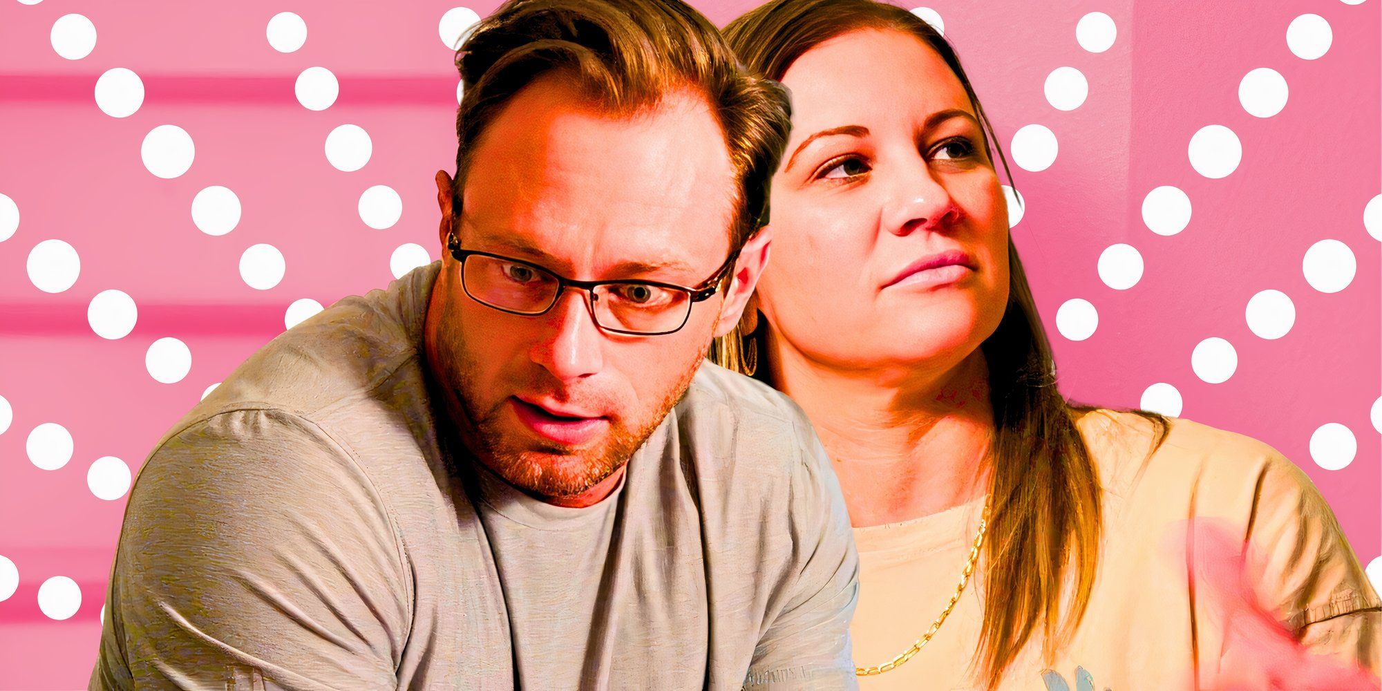 OutDaughtered stars danielle and adam Busby in montage with pink background and white dots