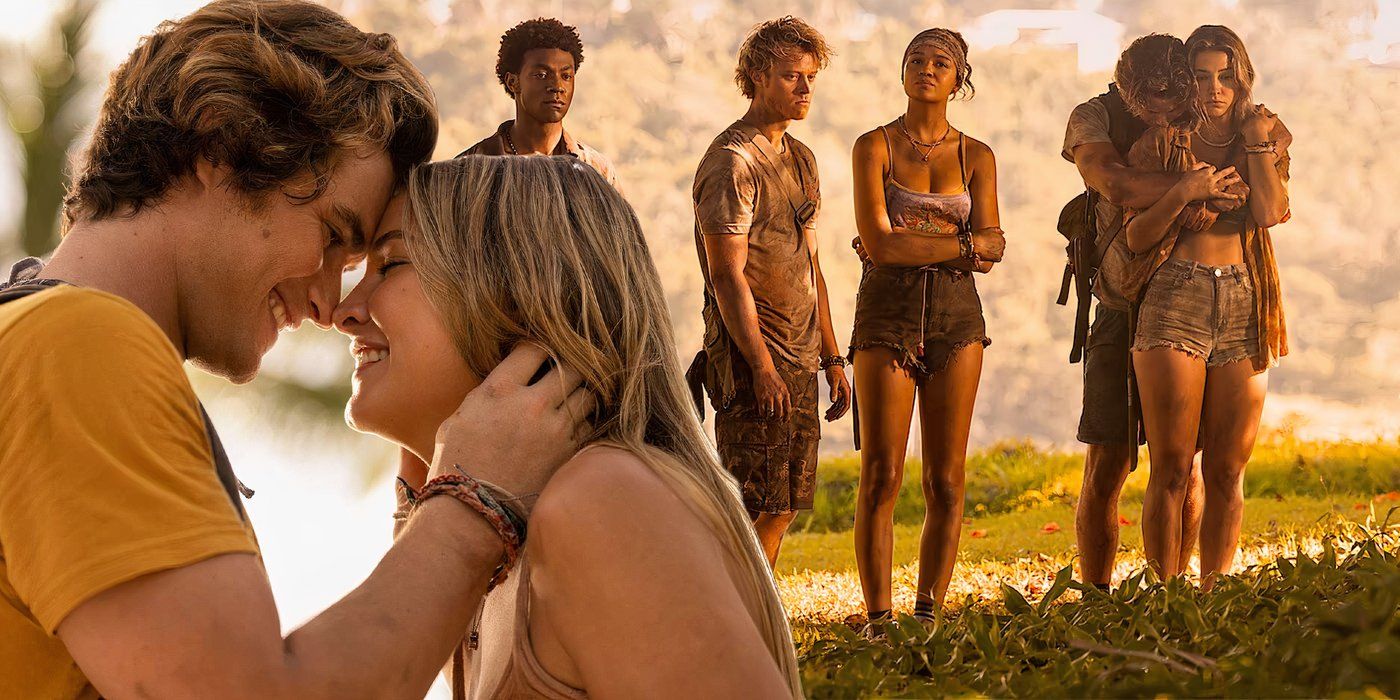 John and Sarah embrace in front of an image of the Pogues standing forlorn in a field in Outer Banks