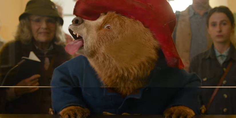 Paddington with his face smushed against glass in Paddington in Peru