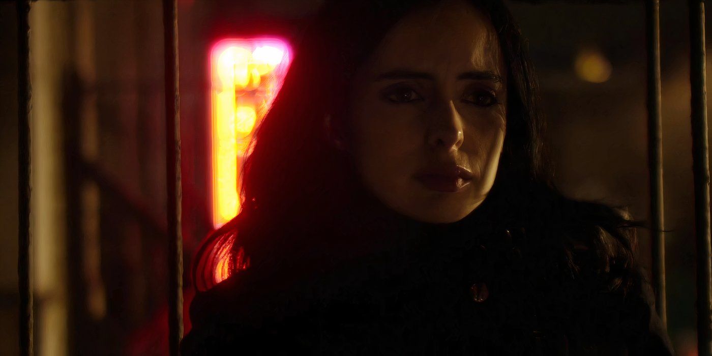 Krysten Ritter as Jessica Jones looking pensive in Jessica Jones