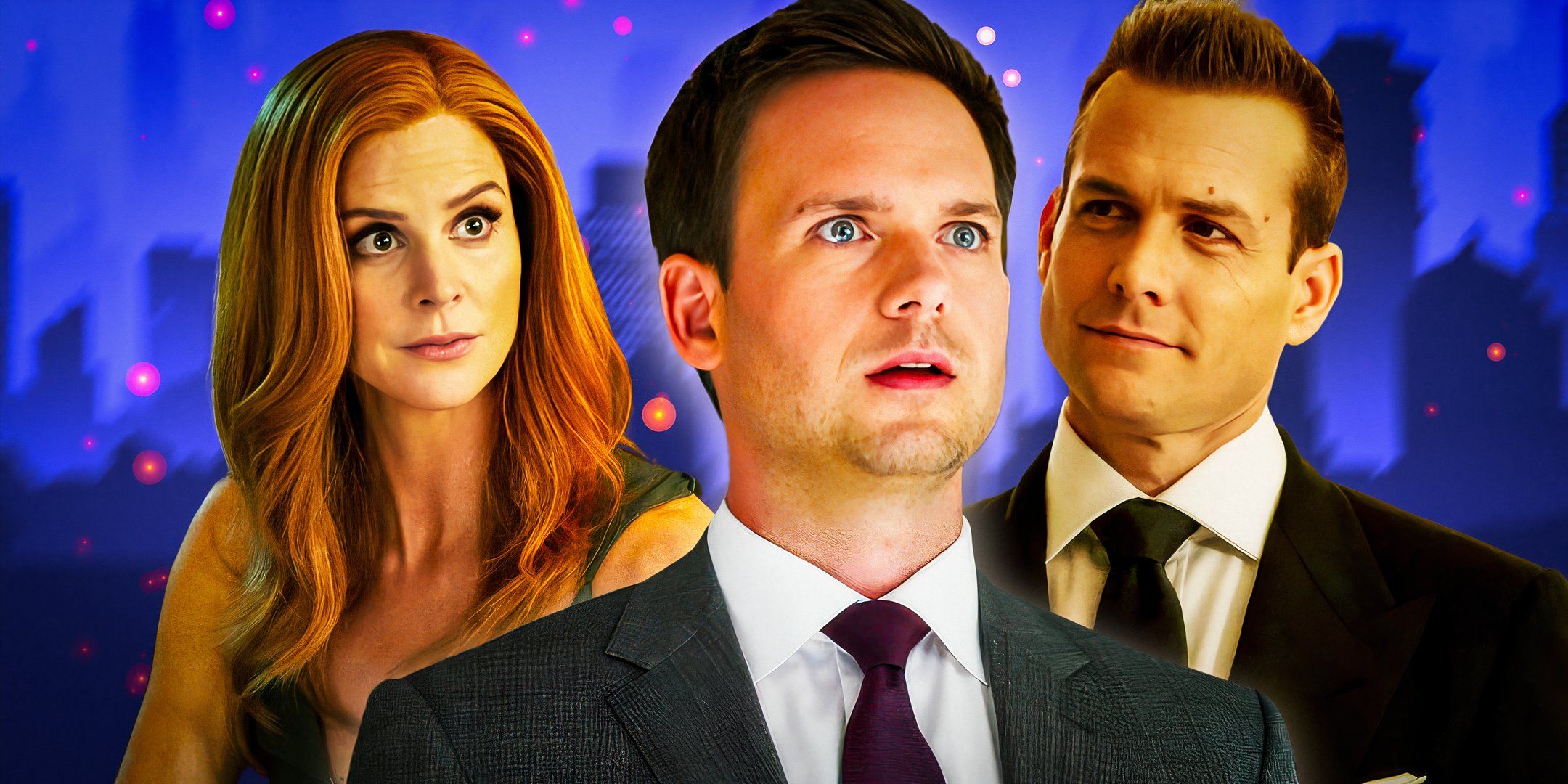 Patrick J Adams as Mike, Sarah Rafferty as Donna, and Gabriel Macht as Harvey in Suits.