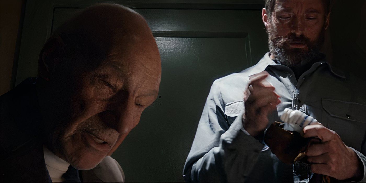 Patrick Stewart and Hugh Jackman and Xavier and Wolverine talking in a bathroom in Logan