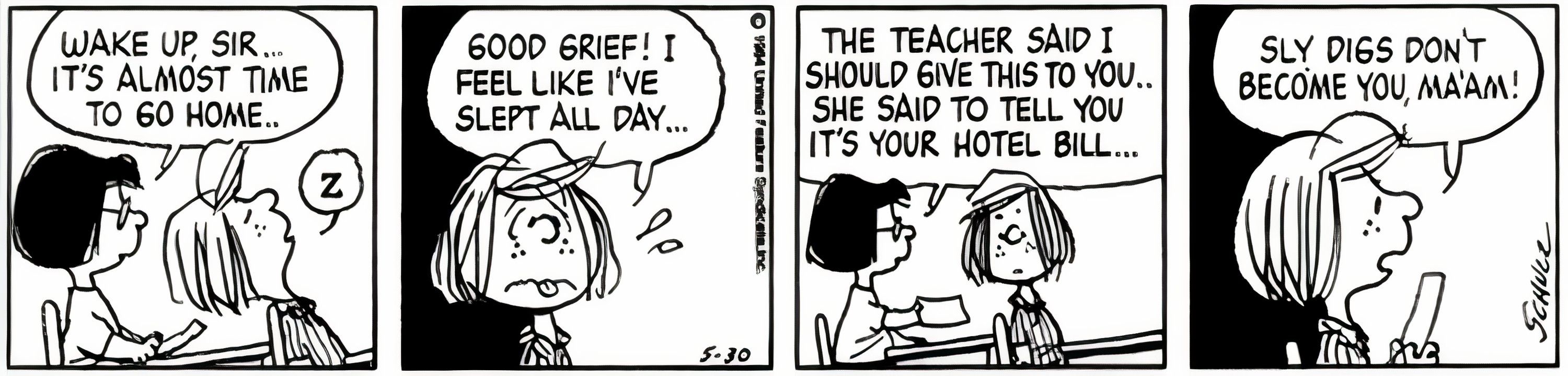 Peppermint Patty tells her teacher 