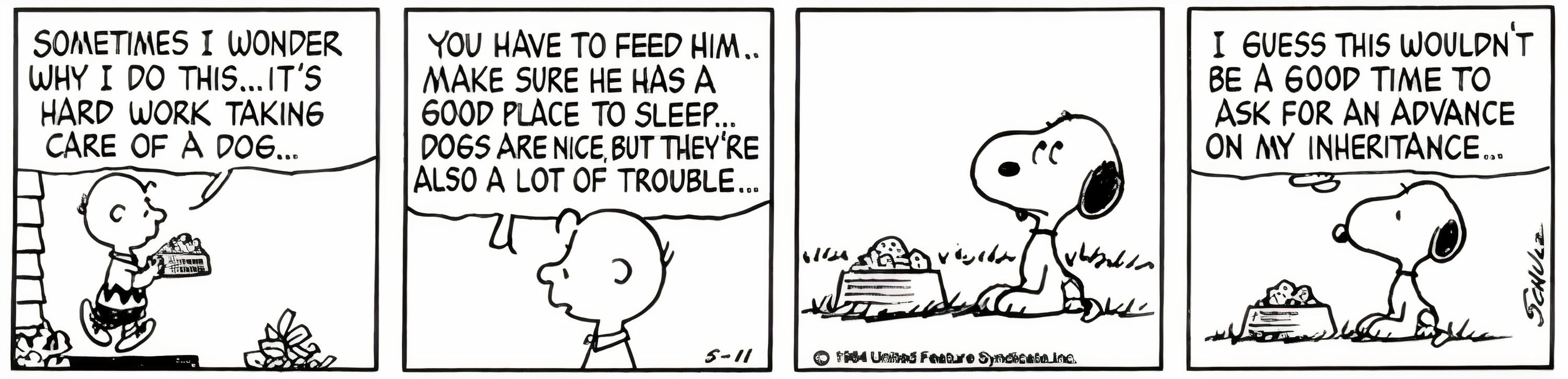 Peanuts, Snoopy considers asking for an advance on his inheritance.