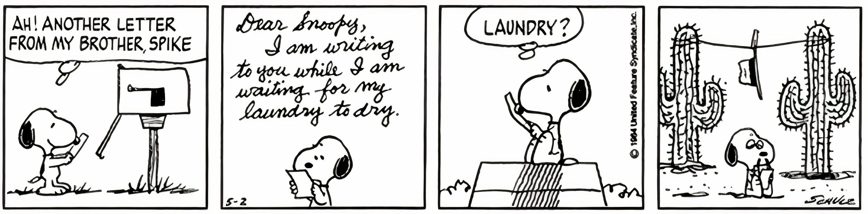 Peanuts, Snoopy and his brother exchange letters; Snoopy is perplexed by the concept of 