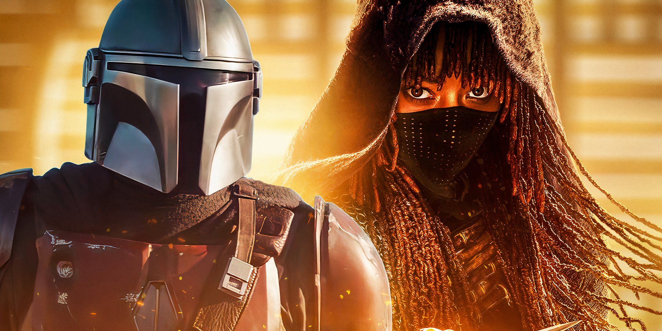 Pedro Pascal's Din Djarin (helmeted) of The Mandalorian edited with Amandla Stenberg's Mae in The Acolyte