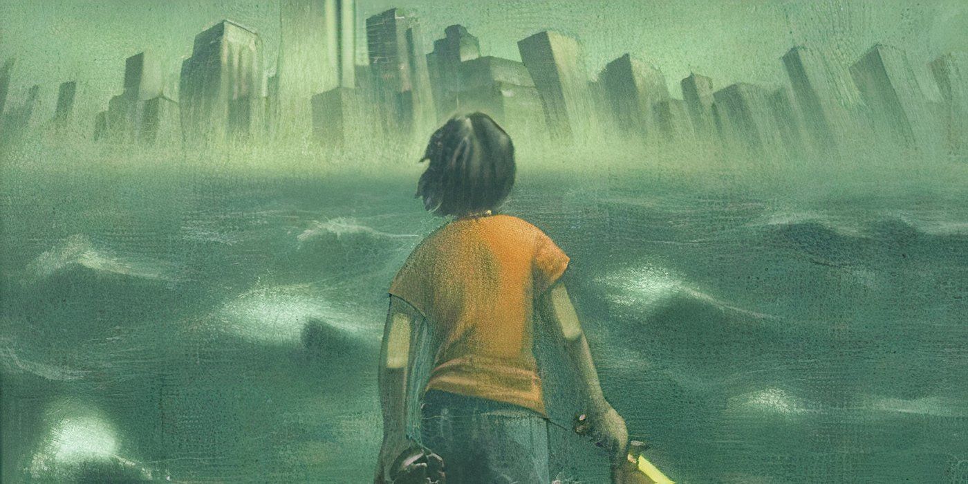 Percy in the water holding a sword on the cover of Percy Jackson and the Lightning Thief.