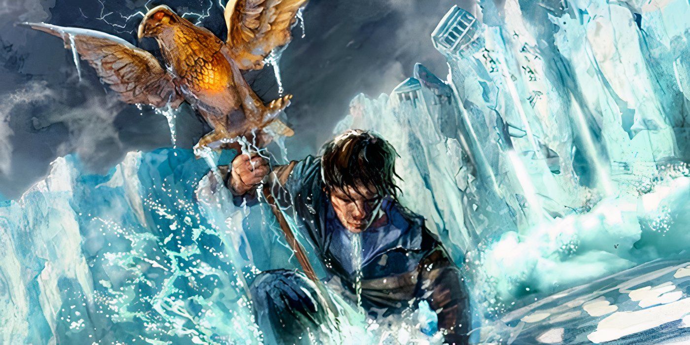 Percy Jackson stabbing an eagle spear into ice on the cover of The Son of Neptune from The Heroes of Olympus.