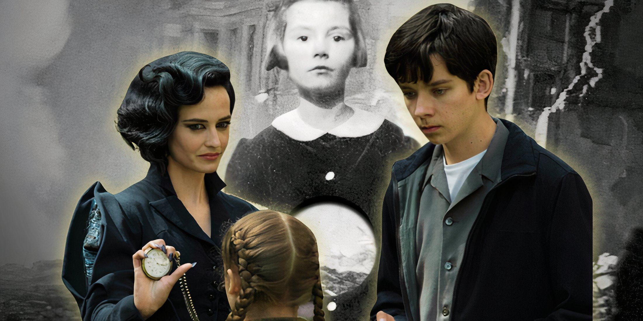 Eva Green and Asa Butterfield in Miss Peregrine's Home For Peculiar Children over an image of the book cover for Hollow City