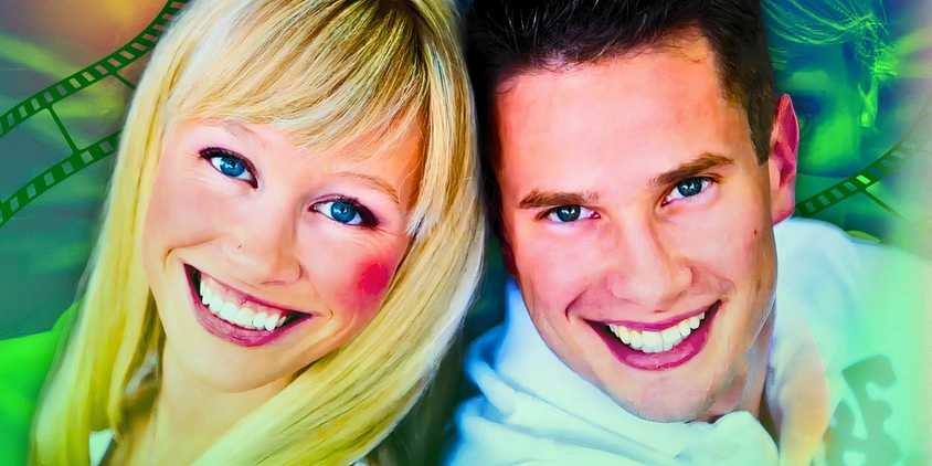 A custom image of Sherri and Keith Papini posed, smiling and with their backs against one another.