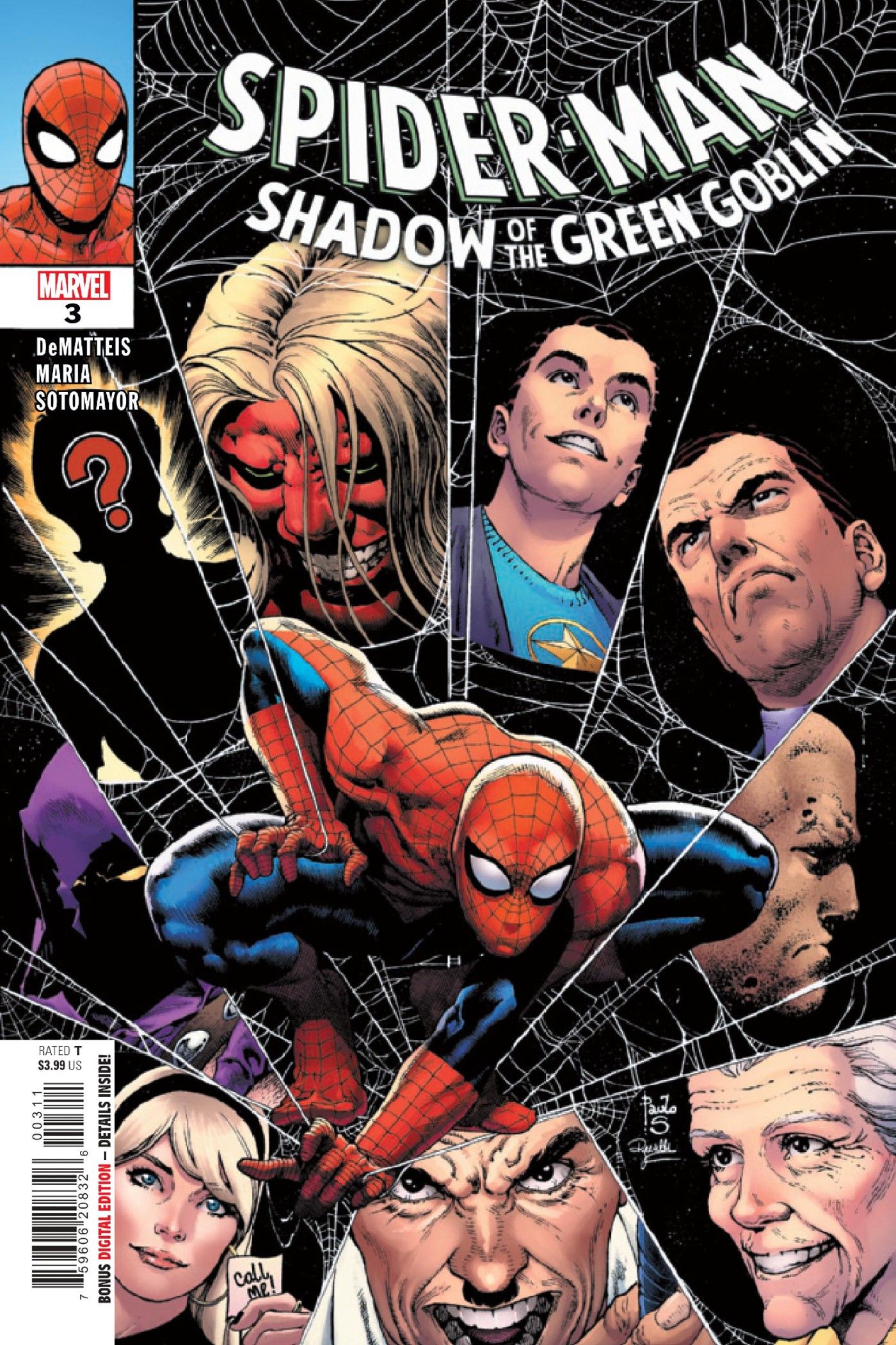 Peter Parker's supporting cast weaved in a web for cover art of Spider-Man Shadow of the Green Goblin #3