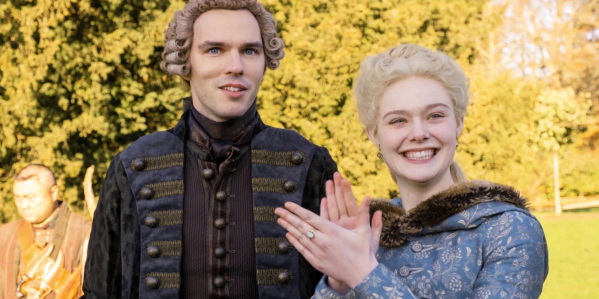 Peter smiling and Catherine clapping in The Great