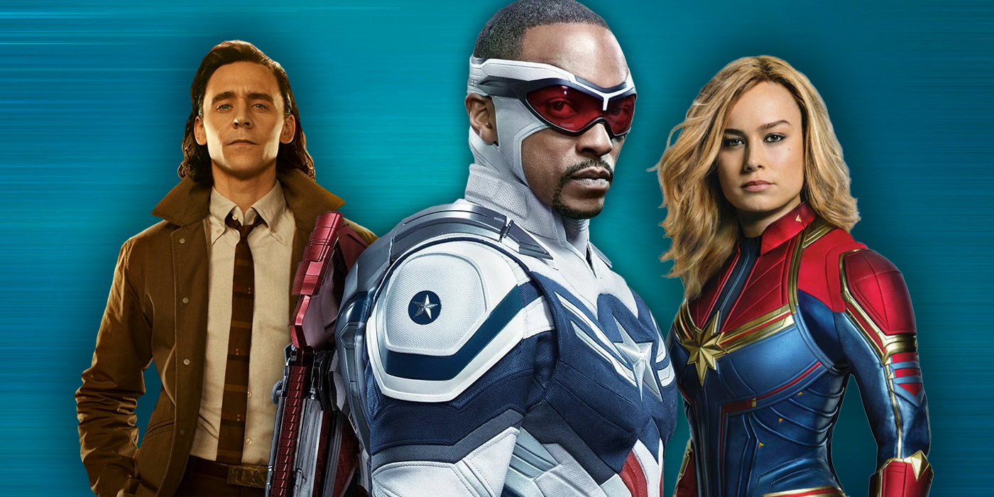 Split image of Tom Hiddleston as Loki, Anthony Mackie as Captain America, and Brie Larson as Captain Marvel in the MCU