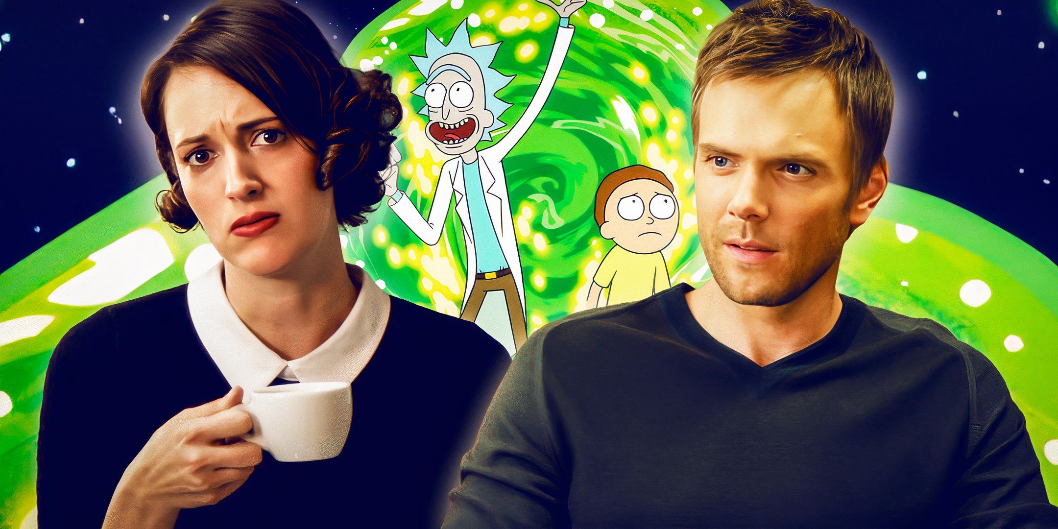 Phoebe Waller Bridge as Fleabag from Fleabag, Joel McHale as Jeff Winger from Community, and Rick and Morty.