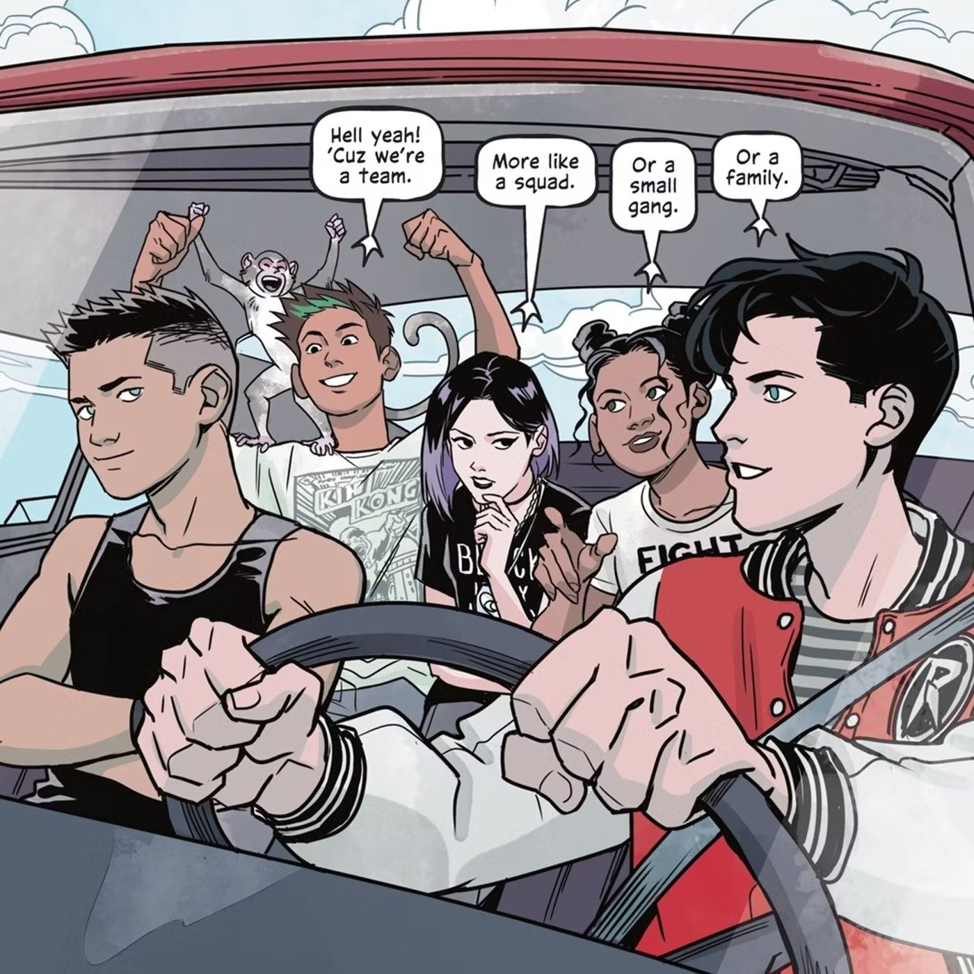 Comic book panel: Robin, Damian Wayne, Beast Boy, Raven, and Max in a car in casual clothes.