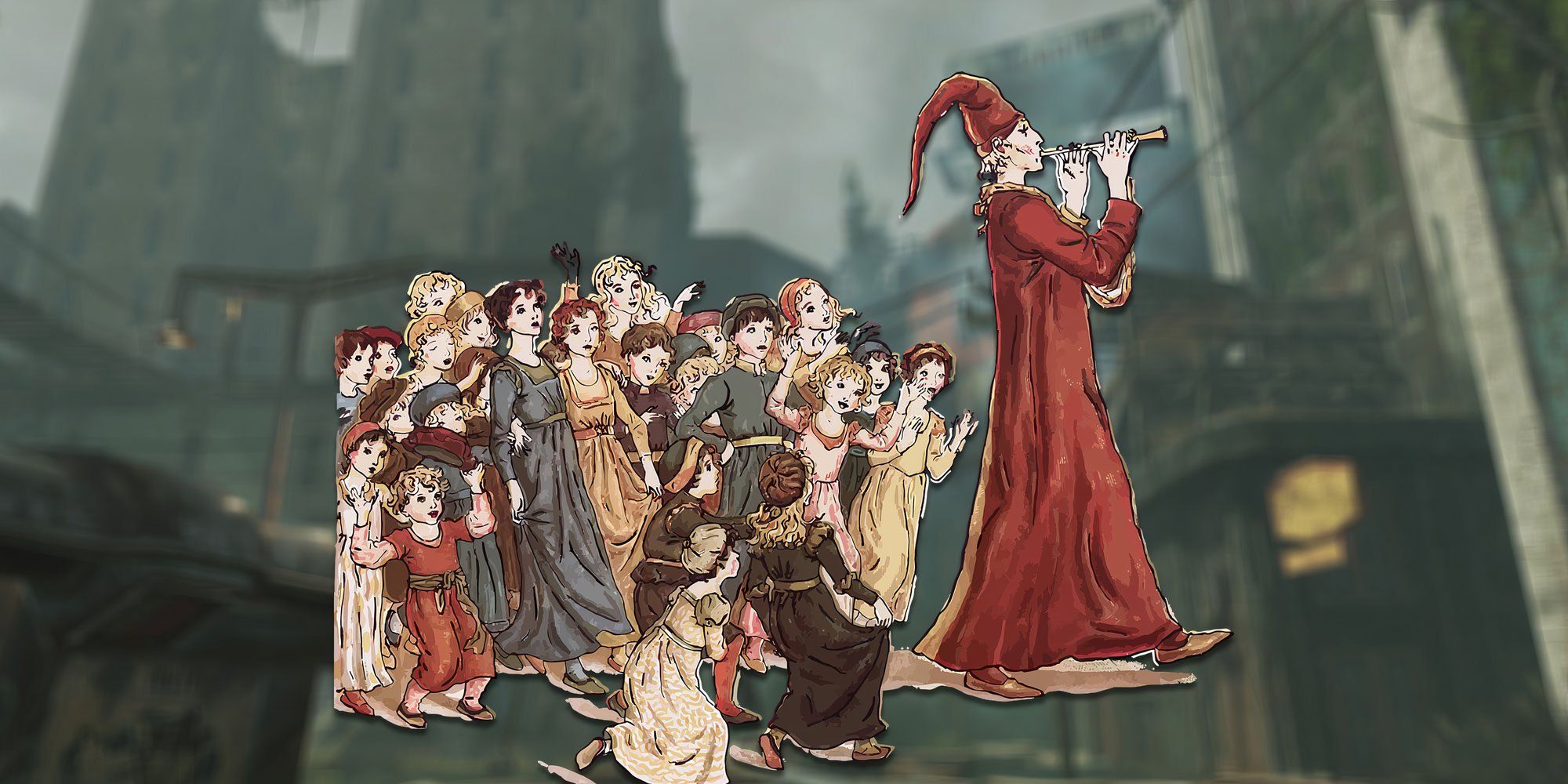 Pied Piper em um manto vermelho conduzindo as crianças com sua flauta. 