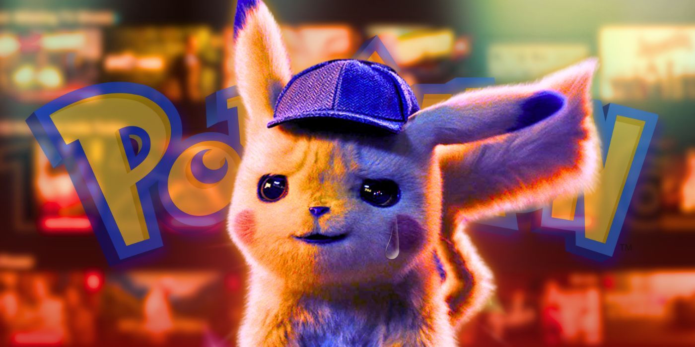 Pikachu wearing a hat in Detective Pikachu in front of the Pokemon franchise logo