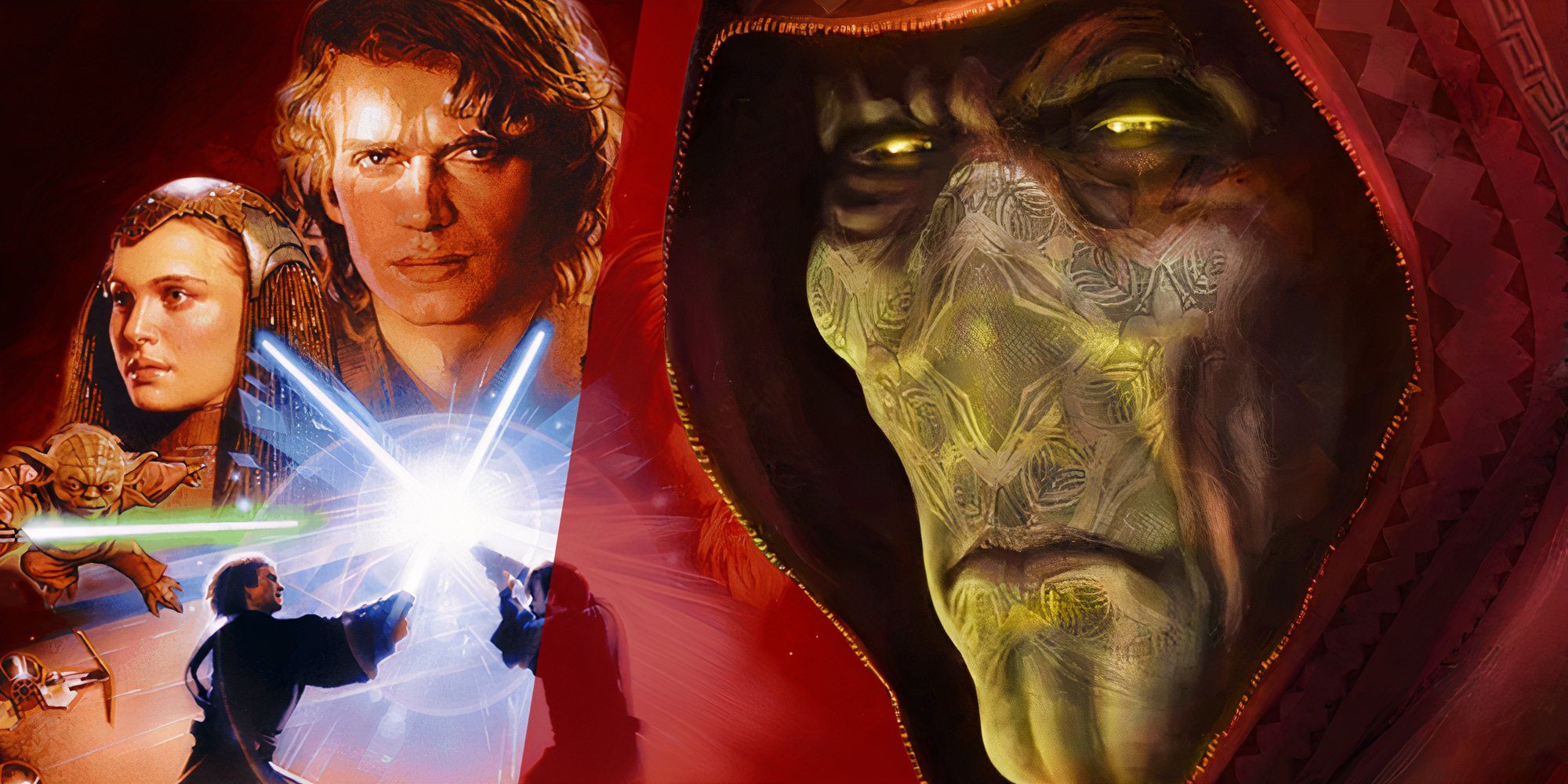 The poster for Revenge of the Sith next to artwork of Darth Plagueis