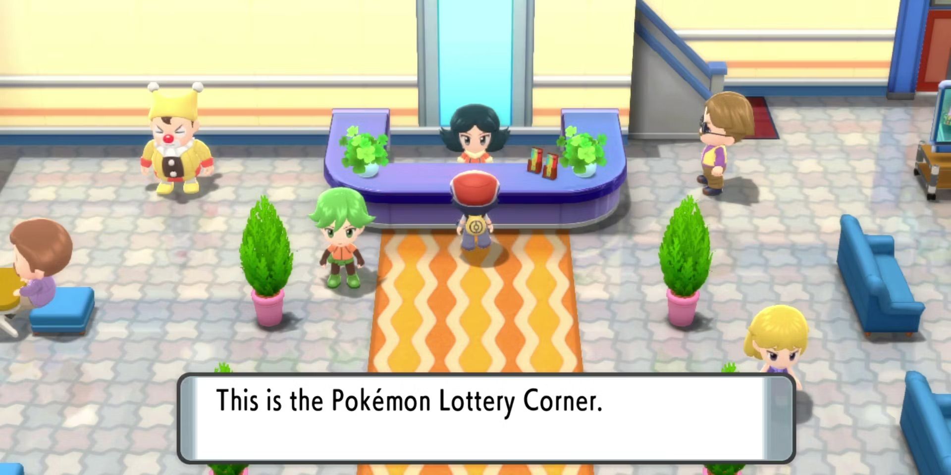 Um jogador de Pokémon BDSP conversando com a recepcionista no Pokémon Lottery Corner.
