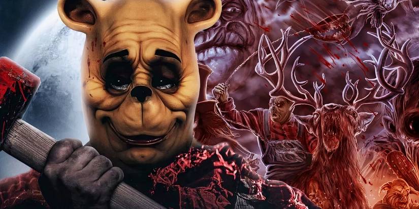 A composite image of Pooh holding a hammer with the poster for Poohniverse: Monsters Assemble featuring various childhood characters attacking