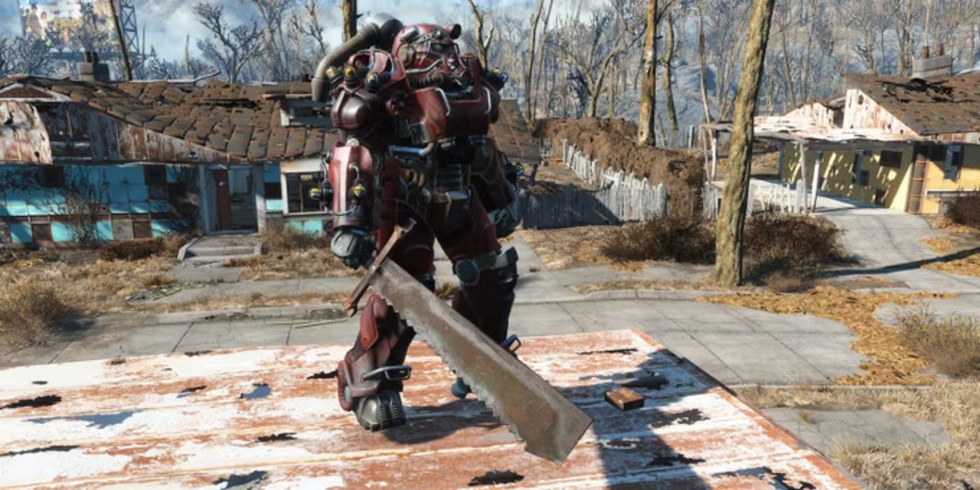 Jogador empunhando uma espada dentro do traje Power Armor em Fallout 4.