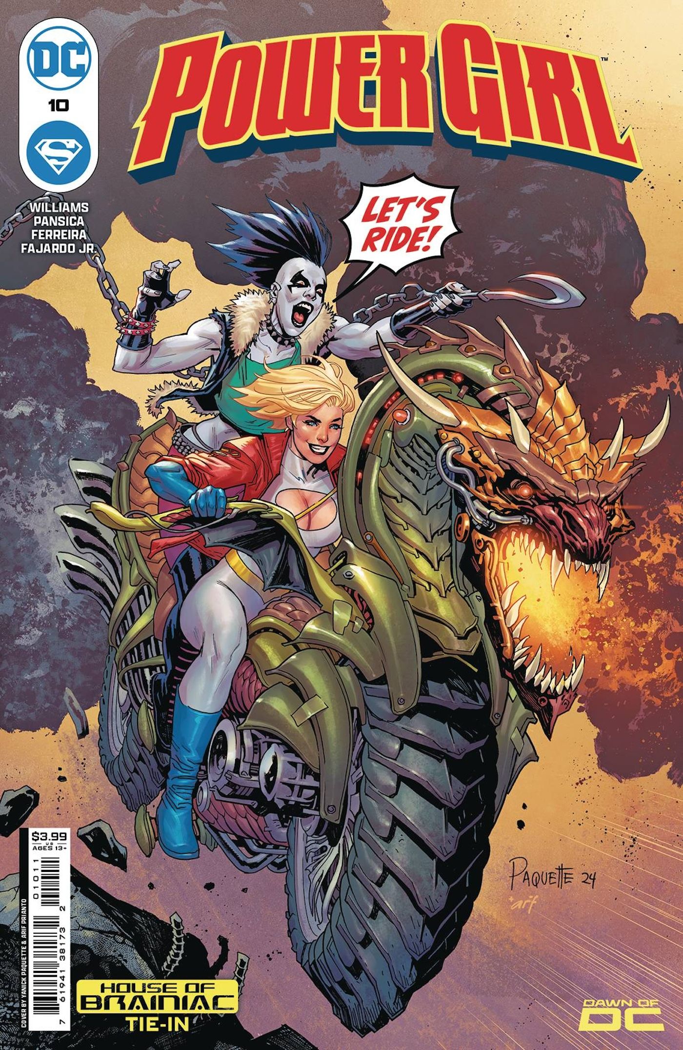 Capa principal de Power Girl 10: Power Girl e Crush pilotando uma motocicleta alienígena.