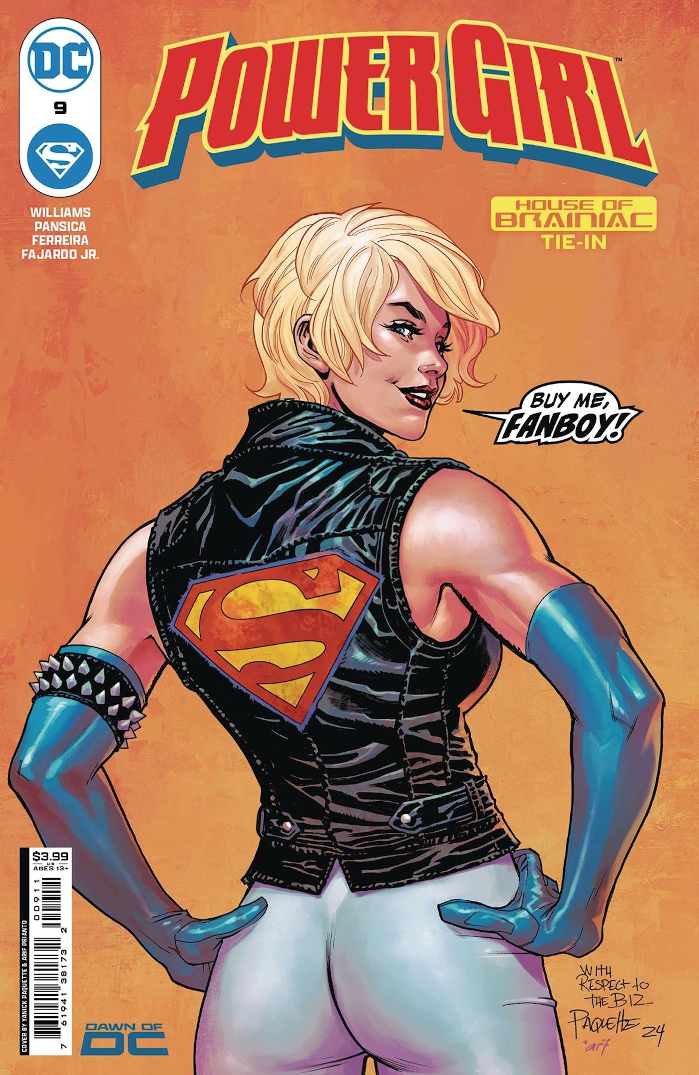 Power Girl 9 Main Cover: Power Girl in a sleeveless biker jacket looking over her shoulder smugly.