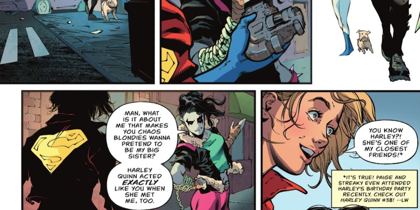 painéis de Power Girl #10, Power Girl conta à filha de Lobo, Crush, que ela é amiga íntima de Harley Quinn.