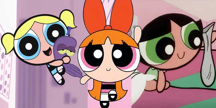 A collage image of Blossom, Bubbles, and Buttercup in various episodes of The Powerpuff Girls