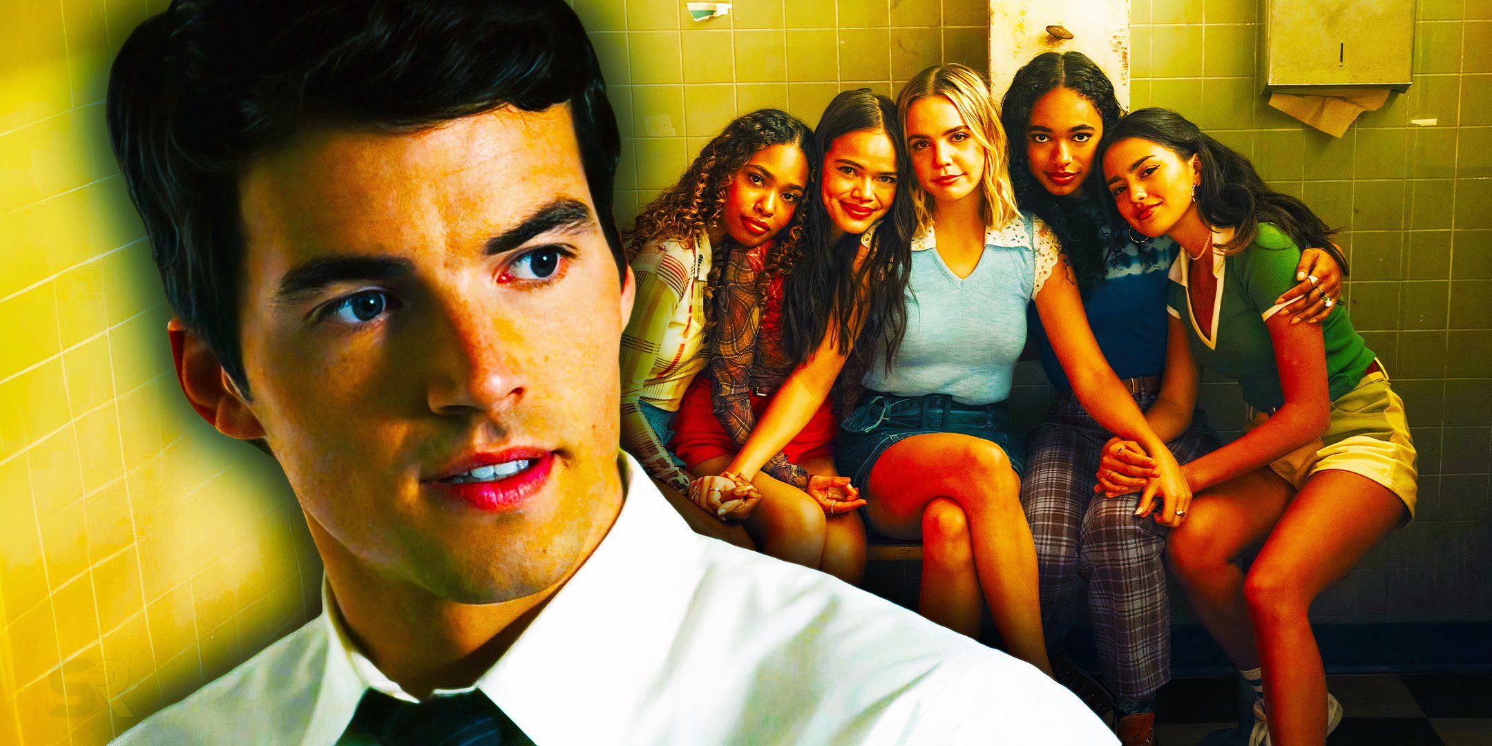 Ezra from Pretty Little Liars is next to the new Liars from Pretty Little Liars: Summer School.