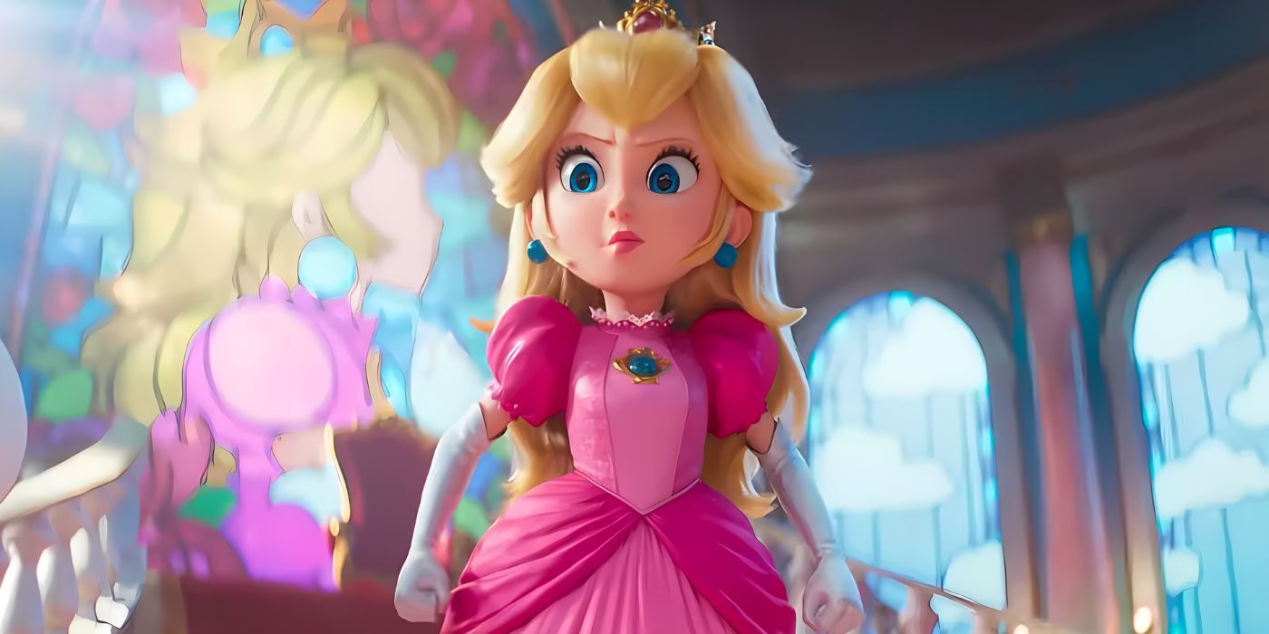 Princesa Peach (Anya Taylor Joy) em frente ao icônico vitral Peach no filme Super Mario Bros