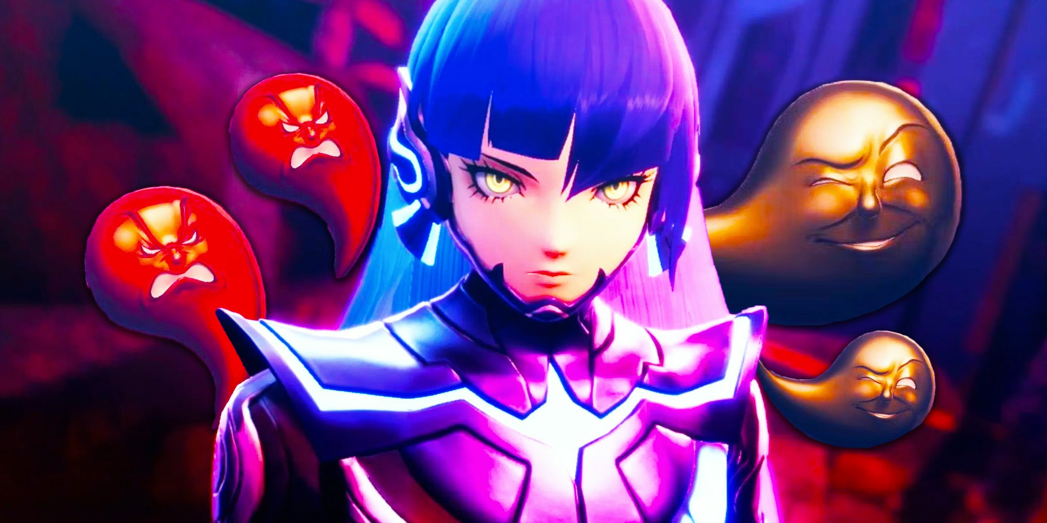 Shin Megami Tensei 5 Vengeance protagonista com dois tipos de Mitamas que podem derrubar itens Gosel ou Grimoire quando derrotados