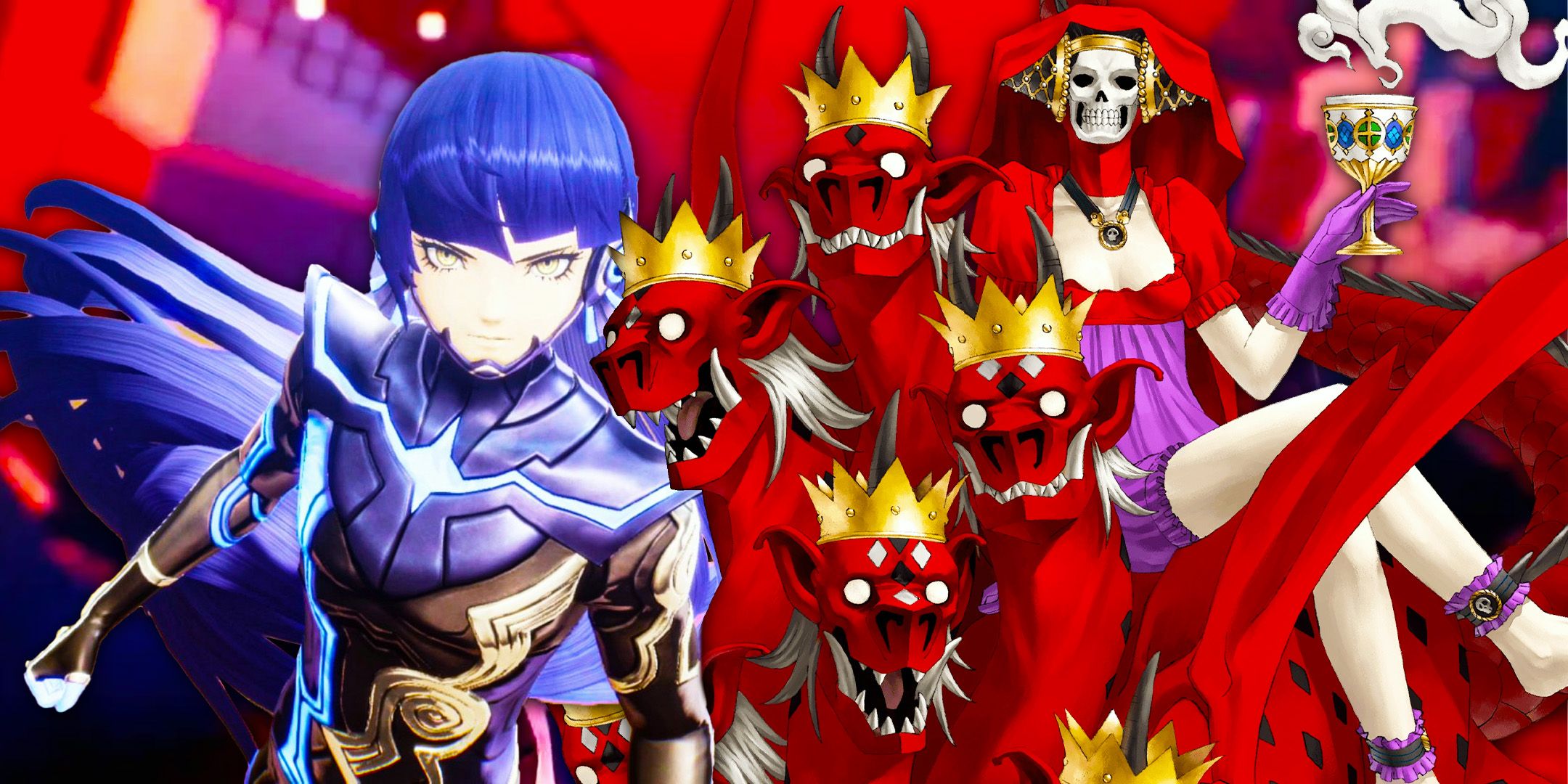 Shin Megami Tensei 5 Vengeance protagonist staring up at Mother Harlot boss