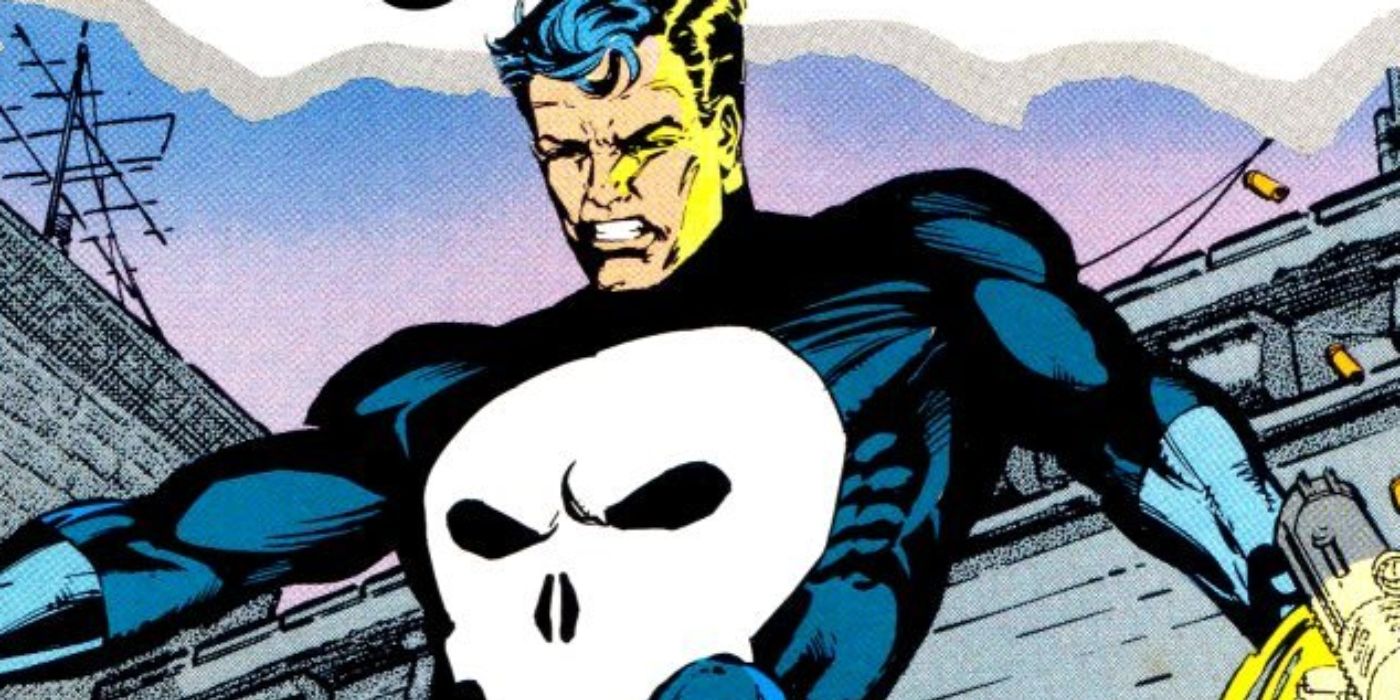 The Punisher shooting guns in his original costume.