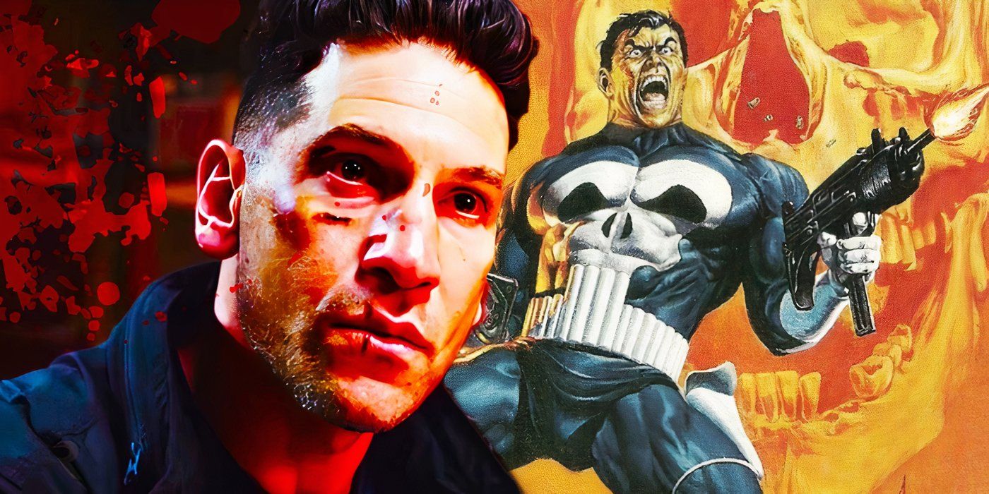MCU's live-action Punisher with the Marvel Comics version behind him.
