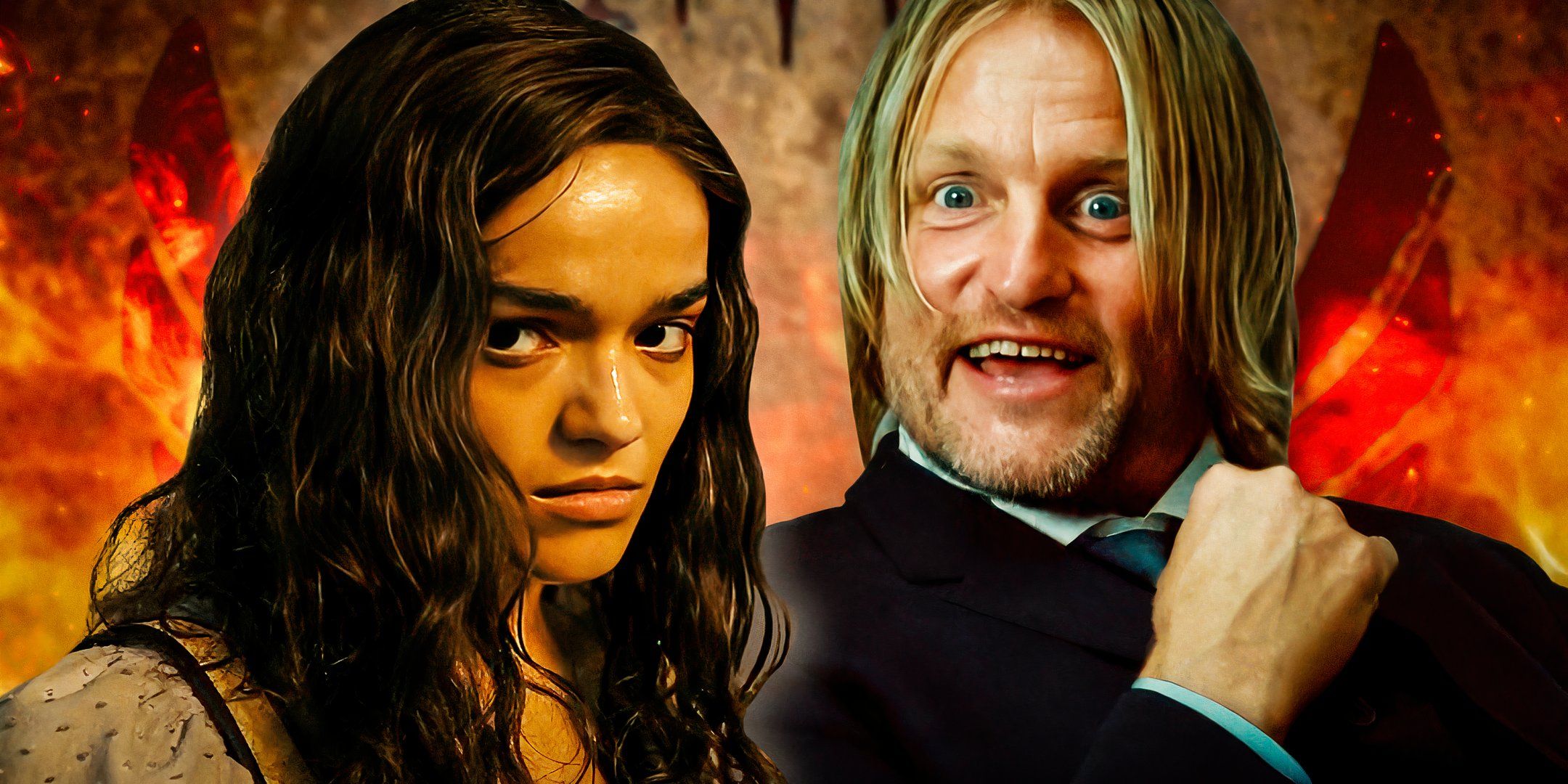 Rachel Zegler as Lucy Gray in The Ballad of Songbirds and Snakes and Woody Harrelson as Haymitch in The Hunger Games.