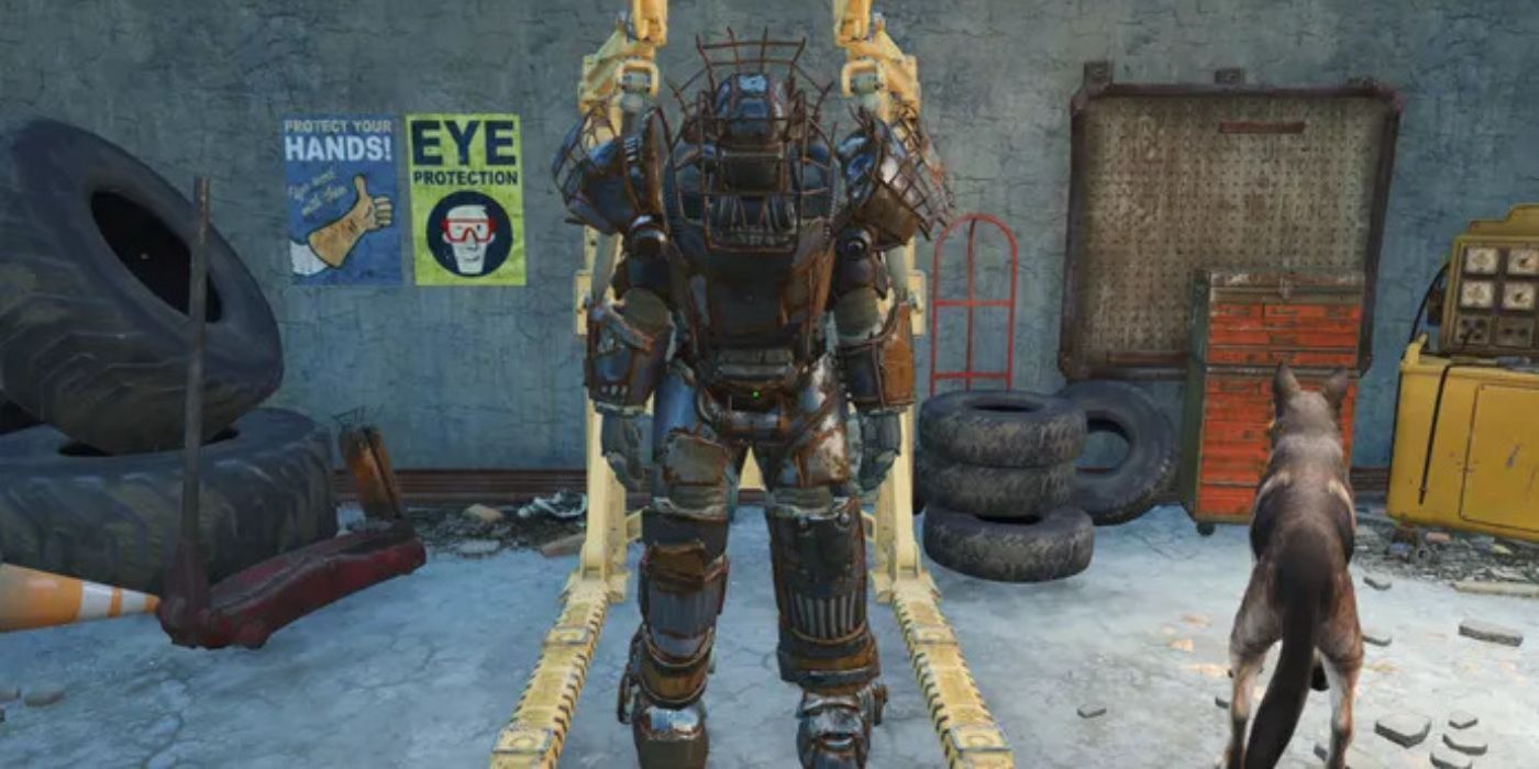 Raider Power Armor displayed beside Dogmeat, at a player's base in Fallout 4.