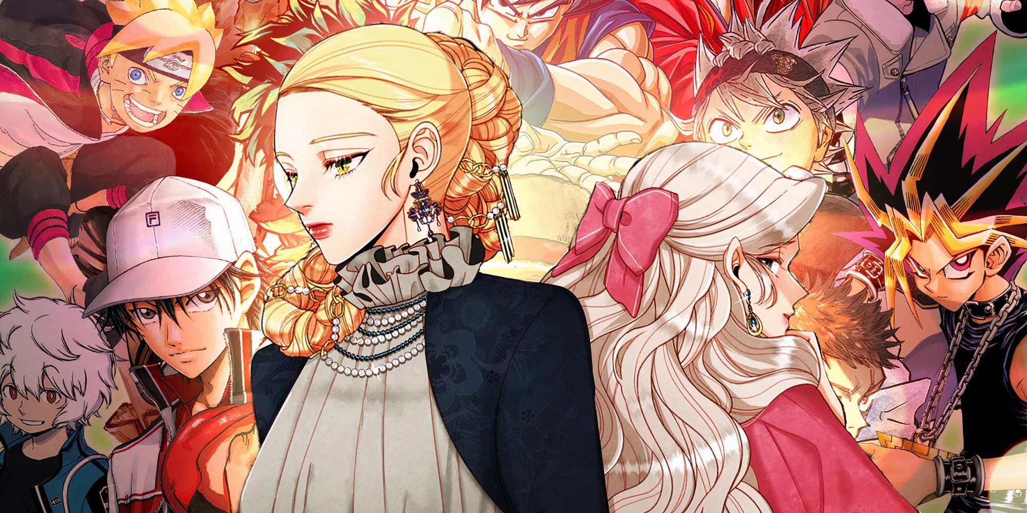 Rashta and Navier from The Remarried Empress with characters from the cover of Shonen Jump in the background