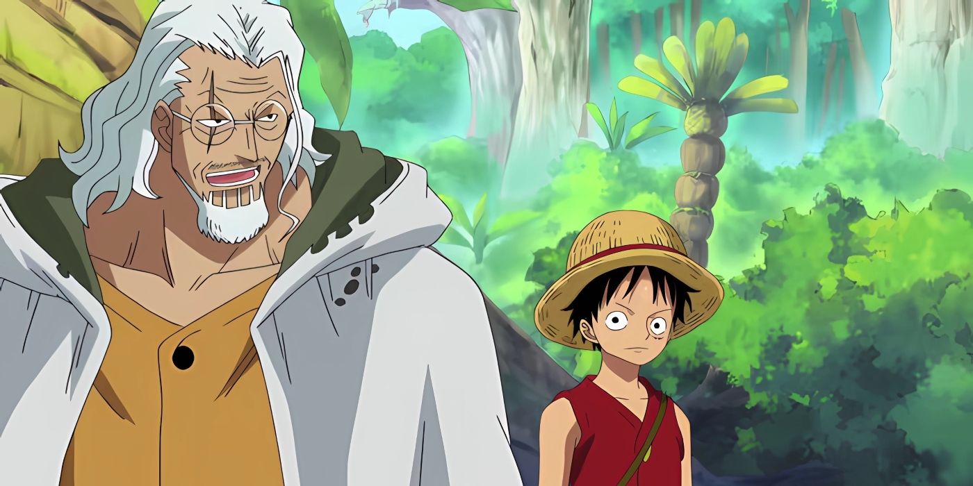 Rayleigh speaking with Luffy during the young pirate's training