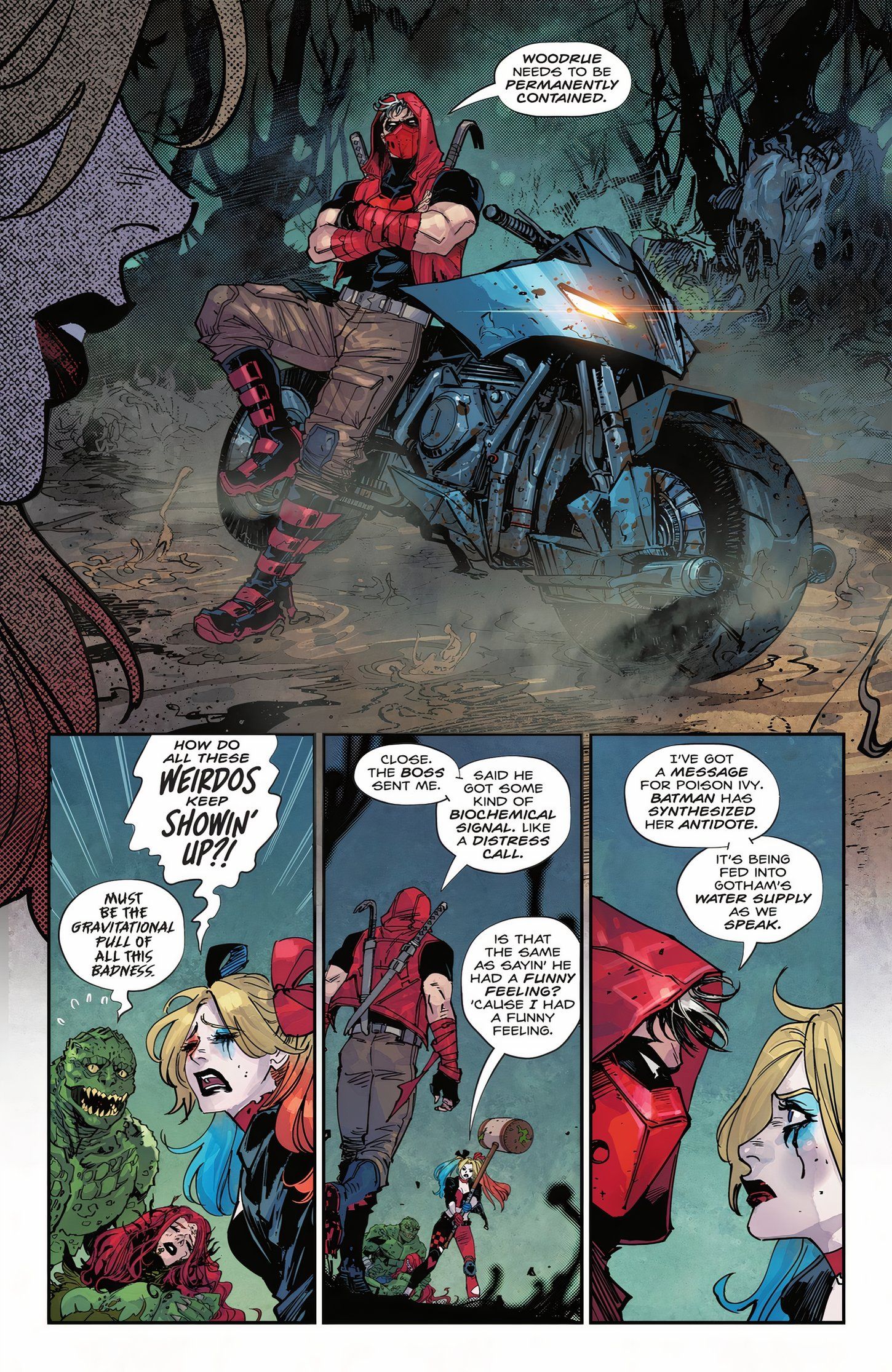 Poison Ivy #23, Red Hood aparece em sua motocicleta e fala com Harley Quinn. 