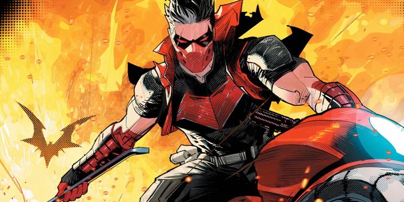 Comic book art: Red Hood rides a motorcycle away from an explosion with Batman's silhouette in the background.