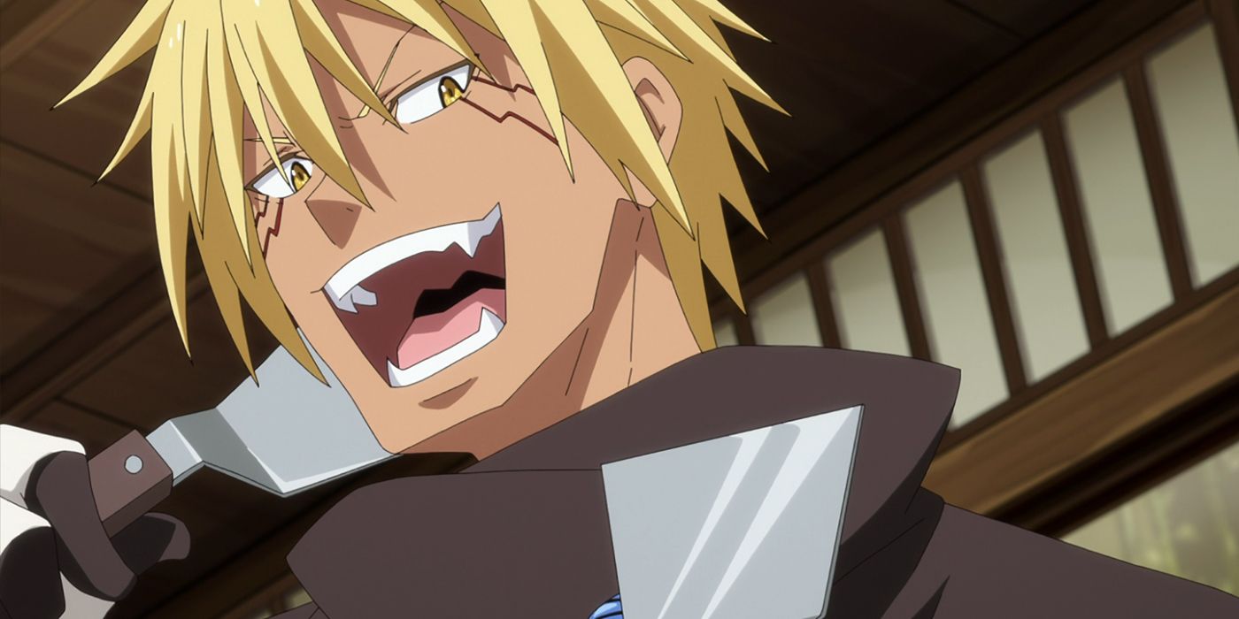Veldora, in human form, laughs as he holds up two cooking utensils in a wooden room.