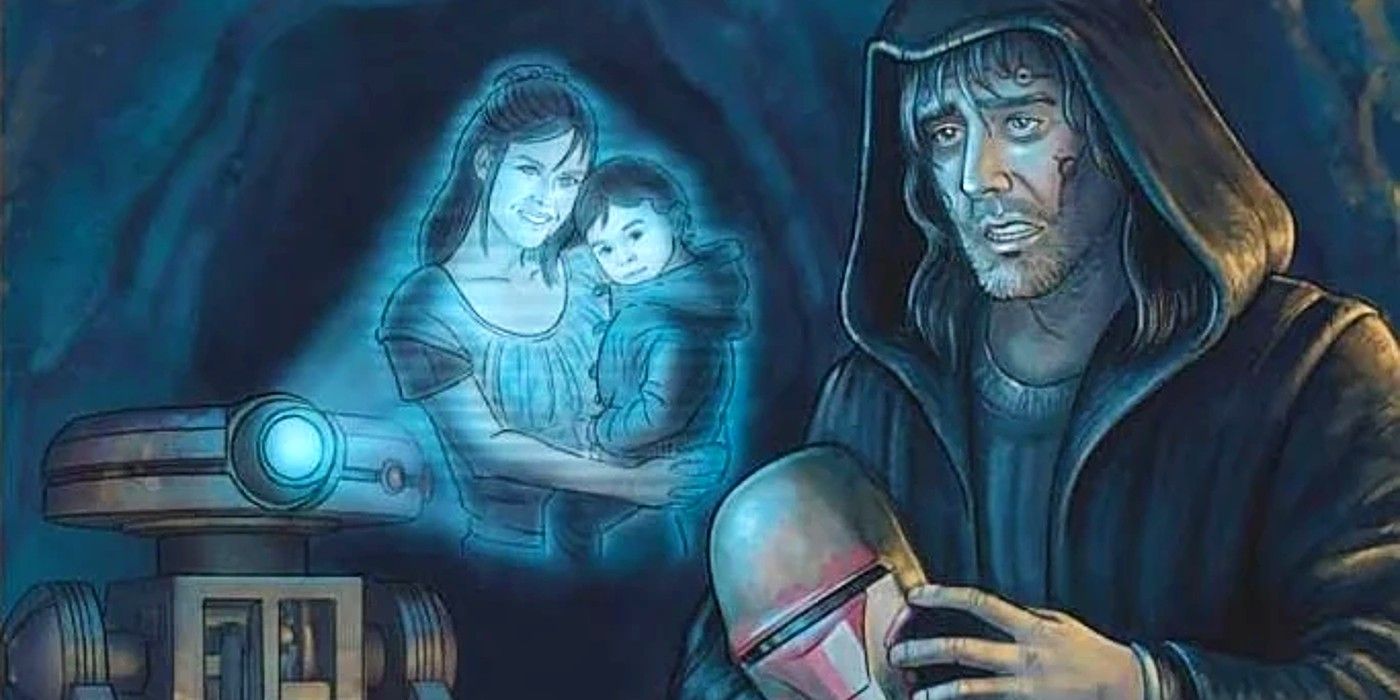 Un Revan mayor mira un holograma de su esposa Bastila Shan sosteniendo a su hijo Vaner Shan en Star Wars Legends.